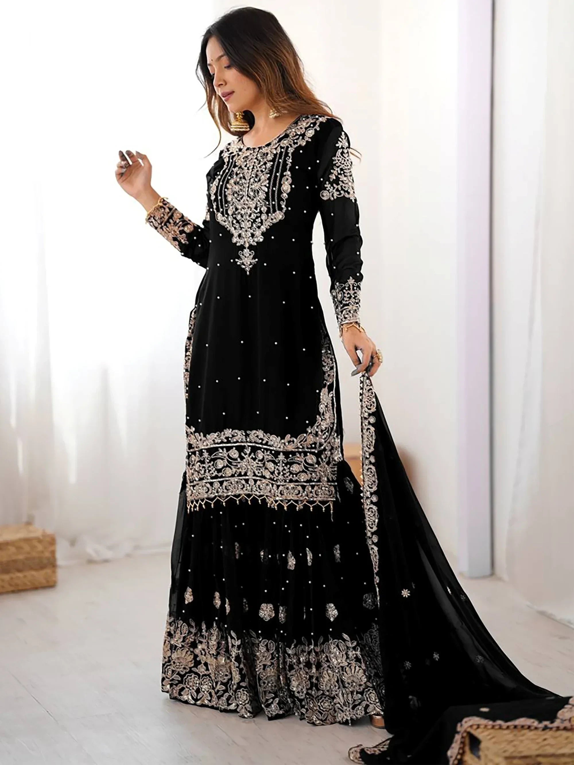 Black Attractive Embroidered Georgette Festival Wear Sharara Suit