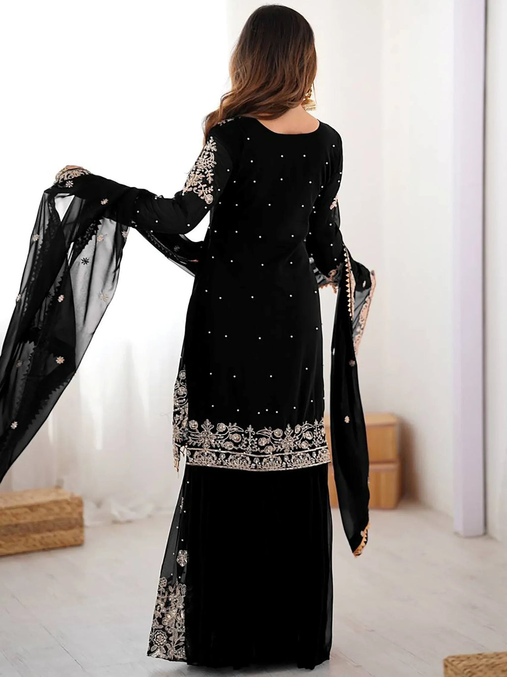 Black Attractive Embroidered Georgette Festival Wear Sharara Suit