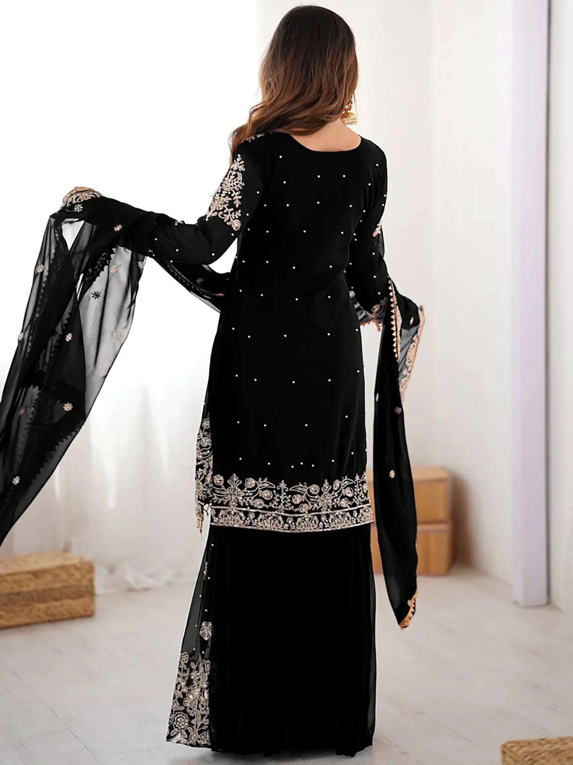 Black Attractive Embroidered Georgette Festival Wear Sharara Suit