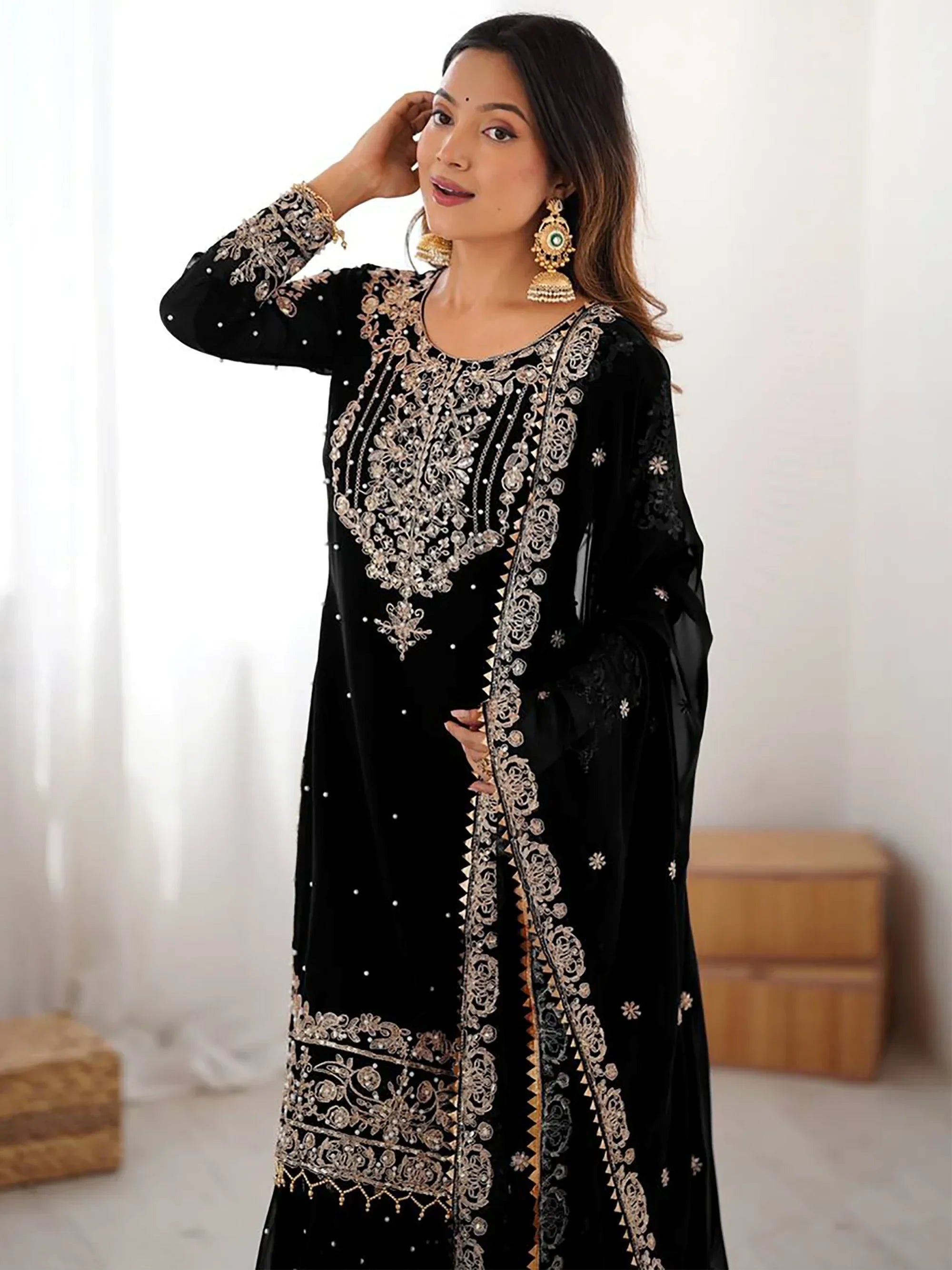 Black Attractive Embroidered Georgette Festival Wear Sharara Suit