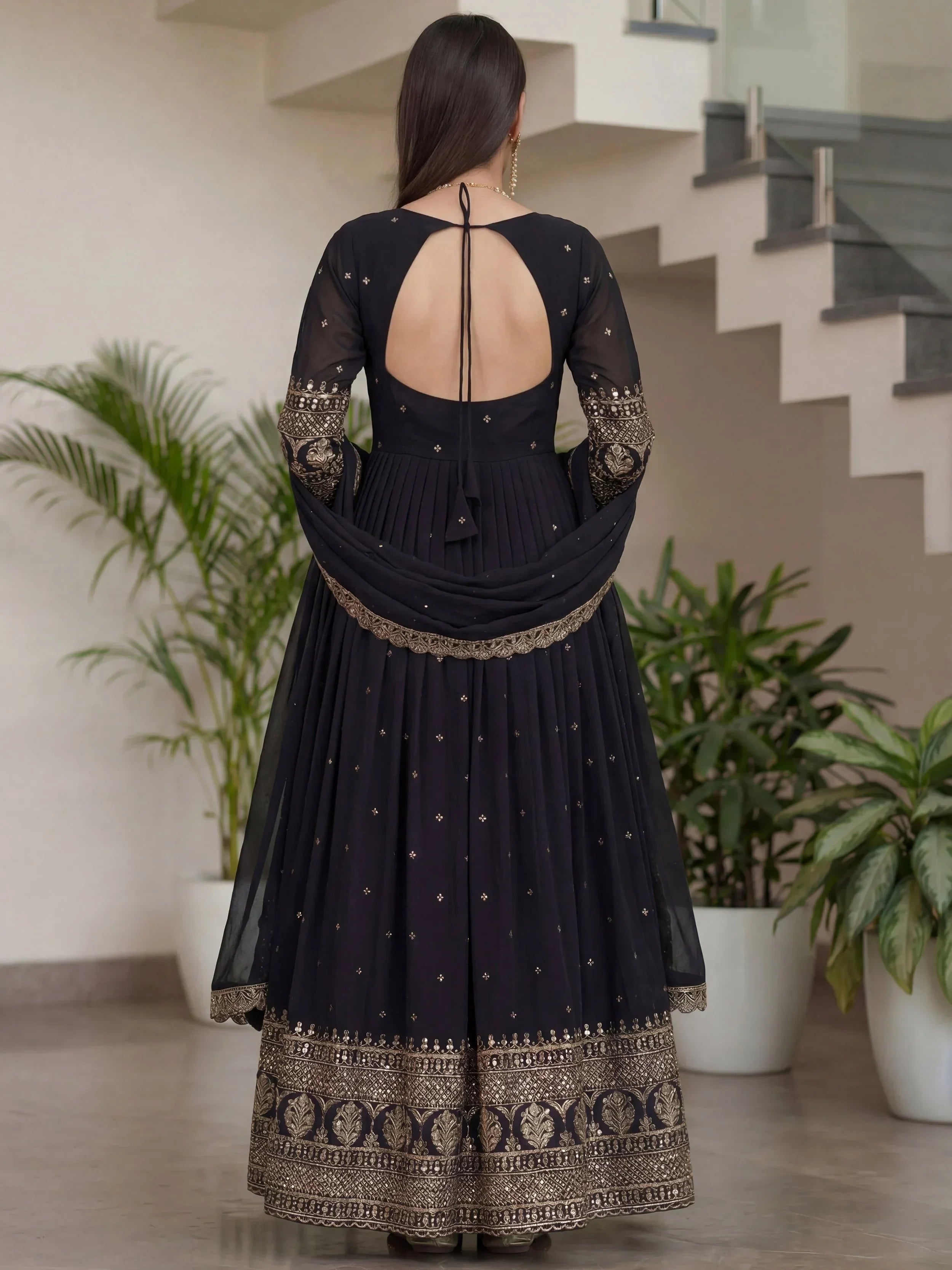 Black Impressive Embroidered Silk Festive Wear Gown With Dupatta