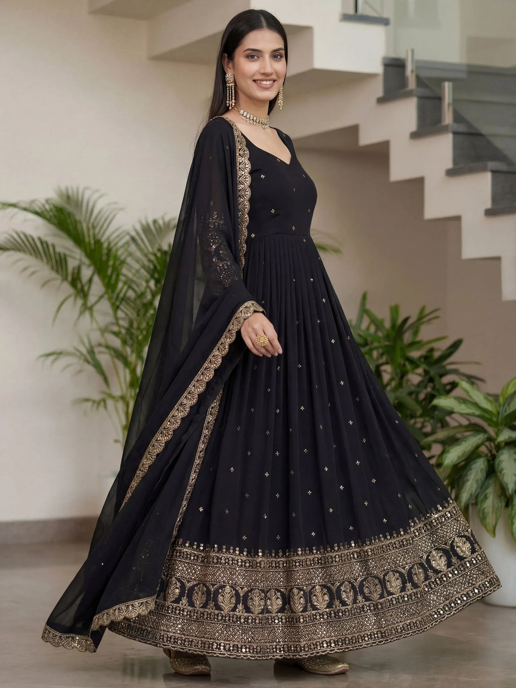 Black Impressive Embroidered Silk Festive Wear Gown With Dupatta