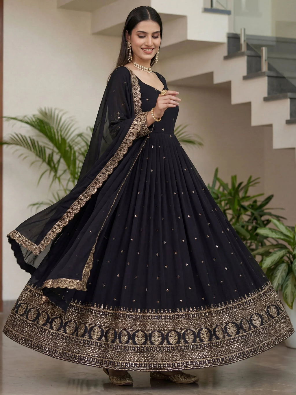 Black Impressive Embroidered Silk Festive Wear Gown With Dupatta