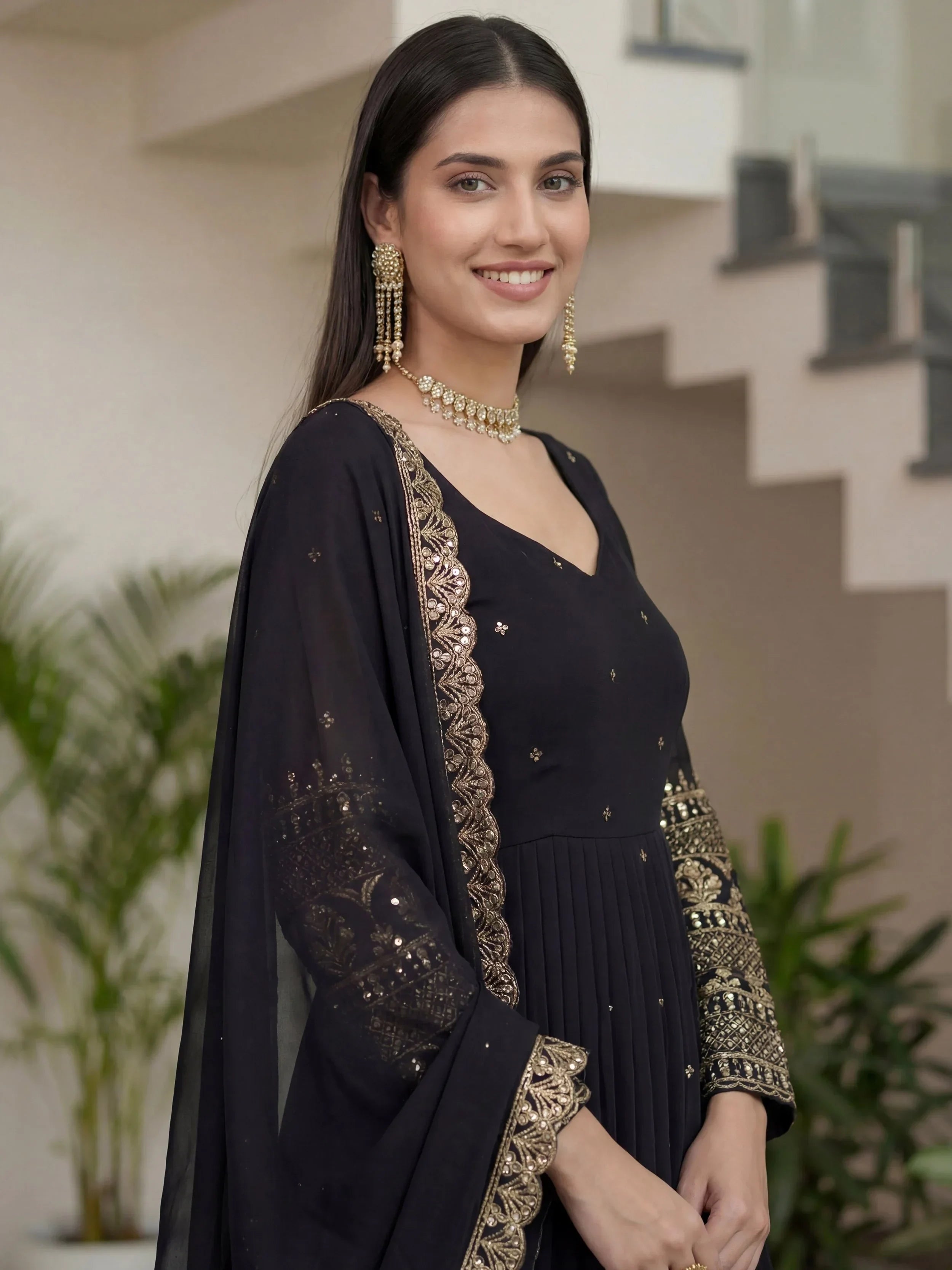 Black Impressive Embroidered Silk Festive Wear Gown With Dupatta