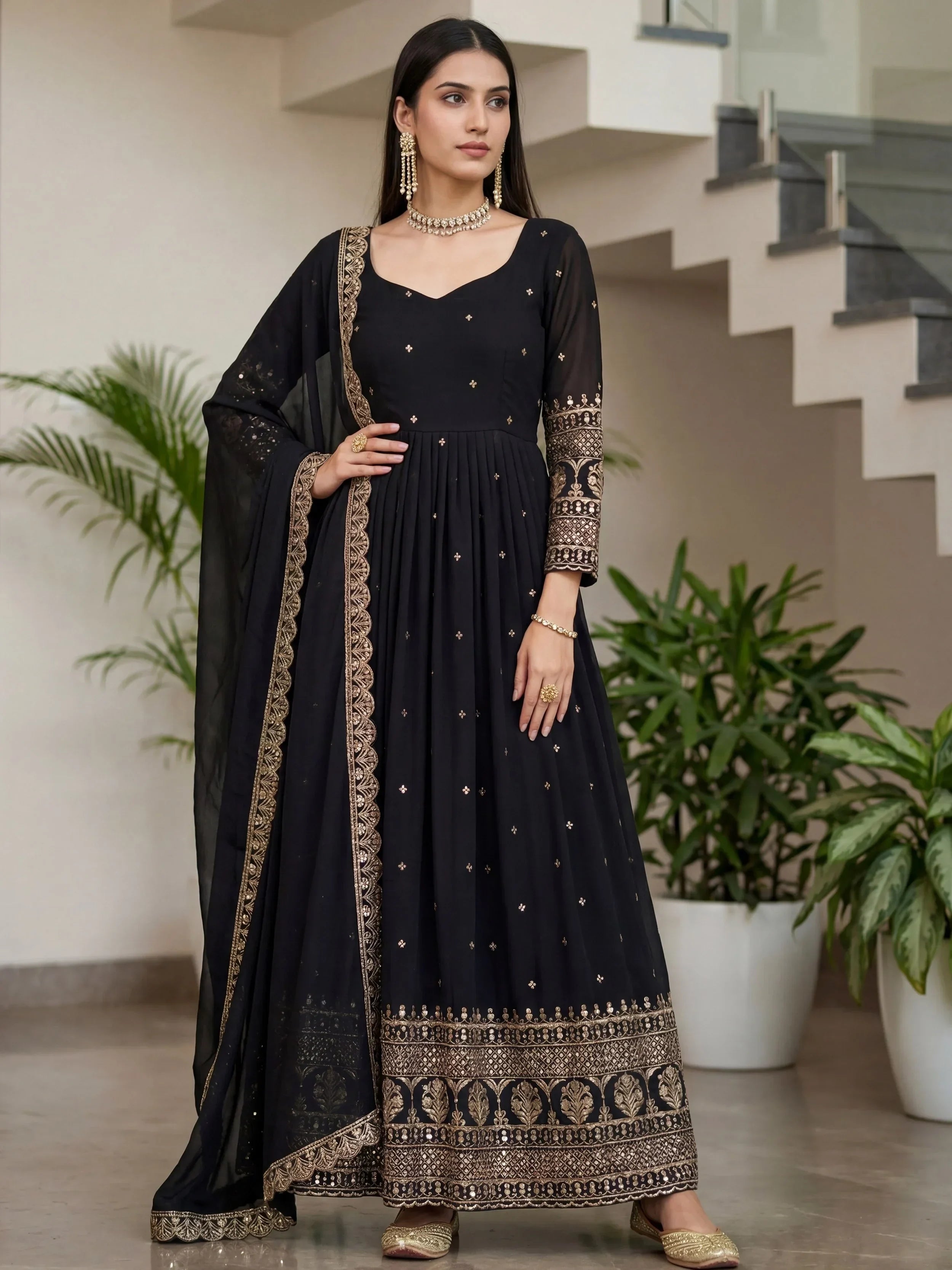 Black Impressive Embroidered Silk Festive Wear Gown With Dupatta