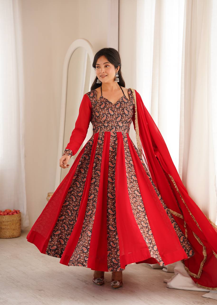 Blooming Georgette Kali Gown with Embroidered Mall-Berry