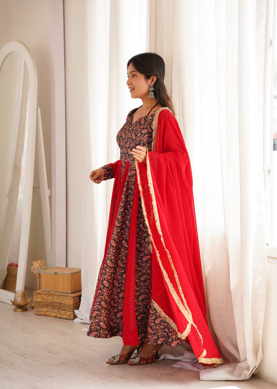 Blooming Georgette Kali Gown with Embroidered Mall-Berry