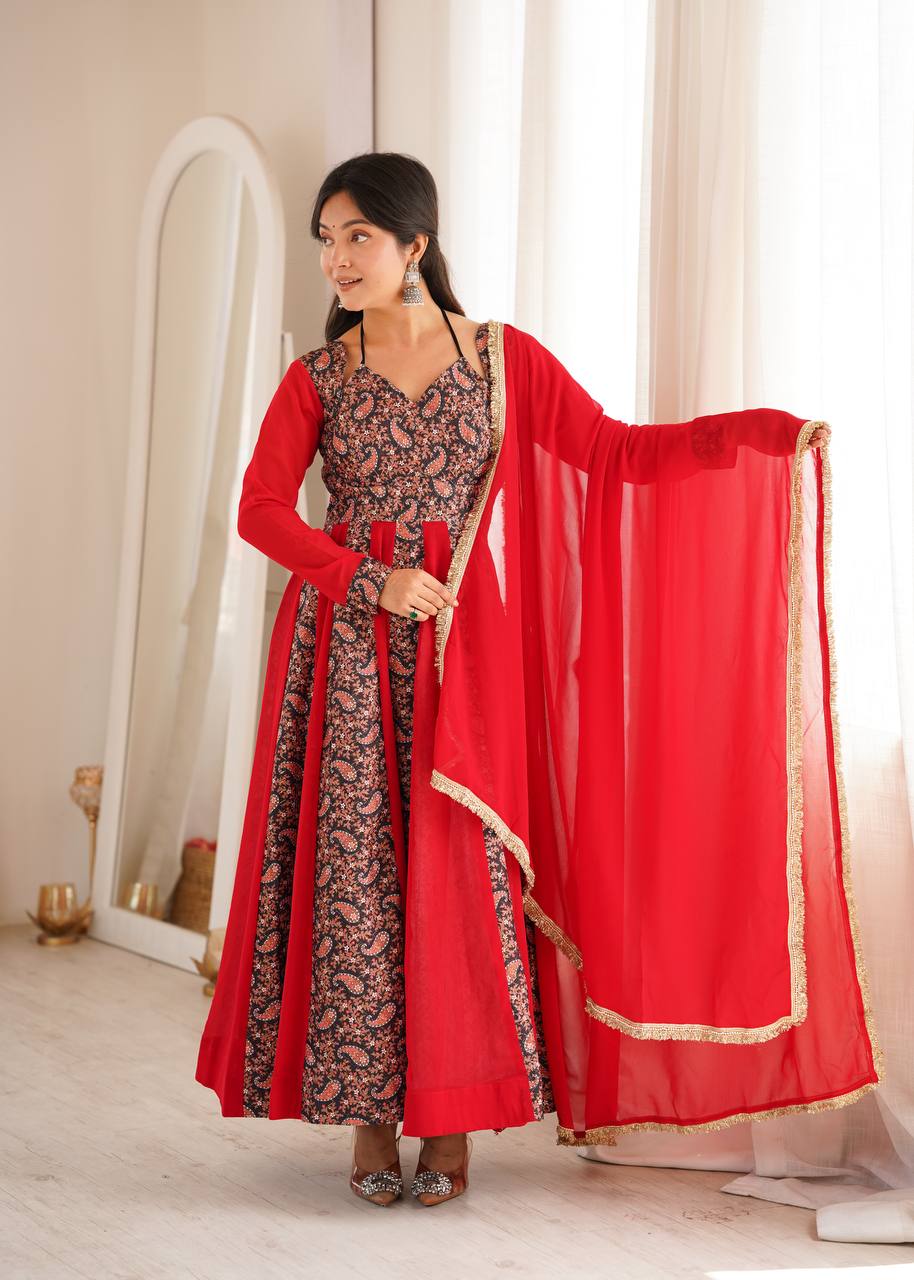 Blooming Georgette Kali Gown with Embroidered Mall-Berry