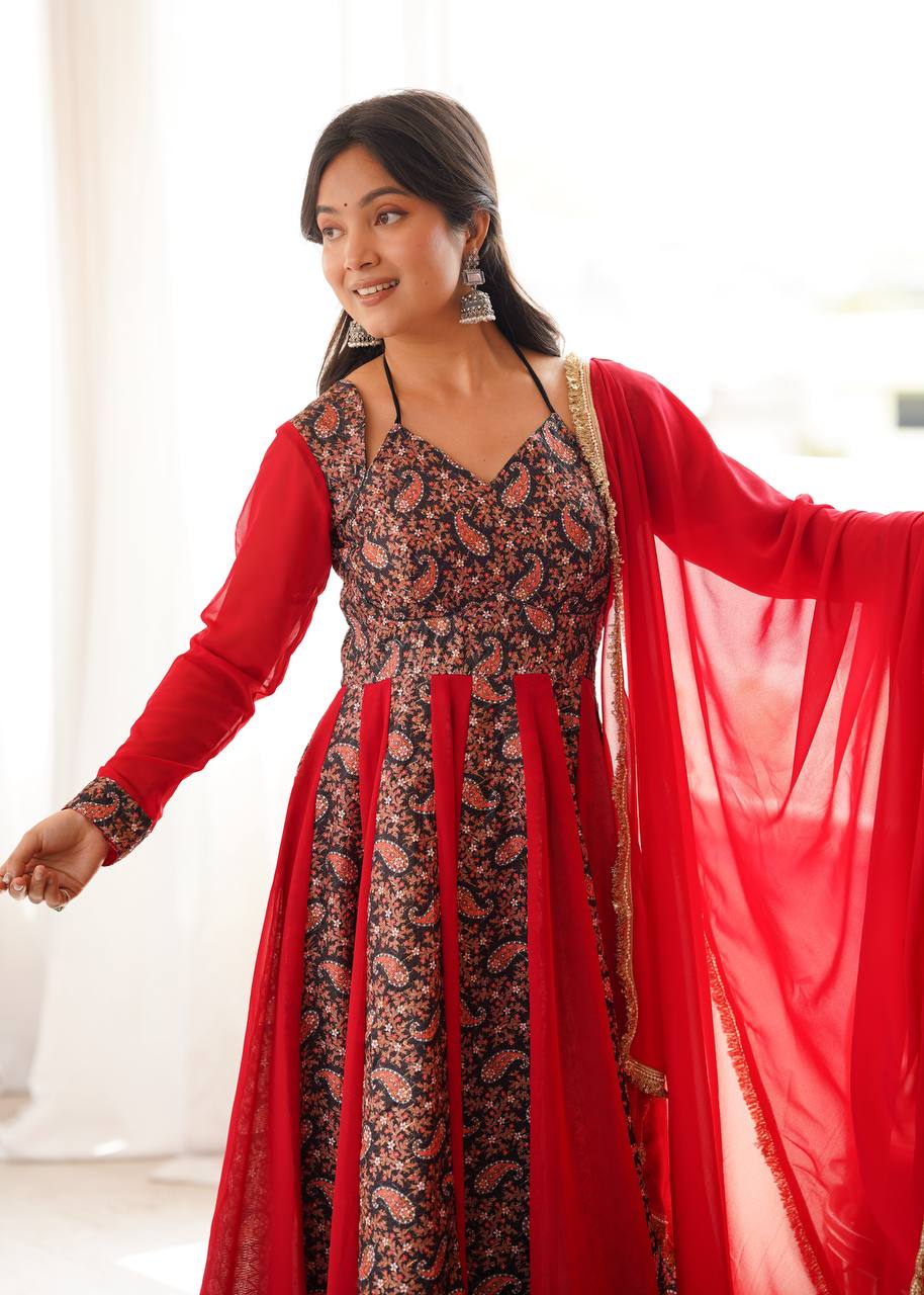Blooming Georgette Kali Gown with Embroidered Mall-Berry