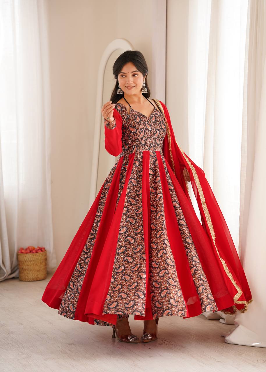 Blooming Georgette Kali Gown with Embroidered Mall-Berry