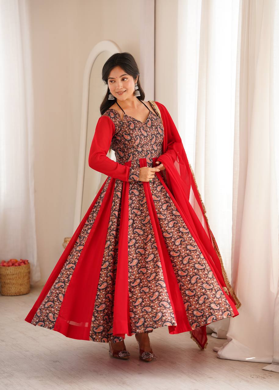 Blooming Georgette Kali Gown with Embroidered Mall-Berry