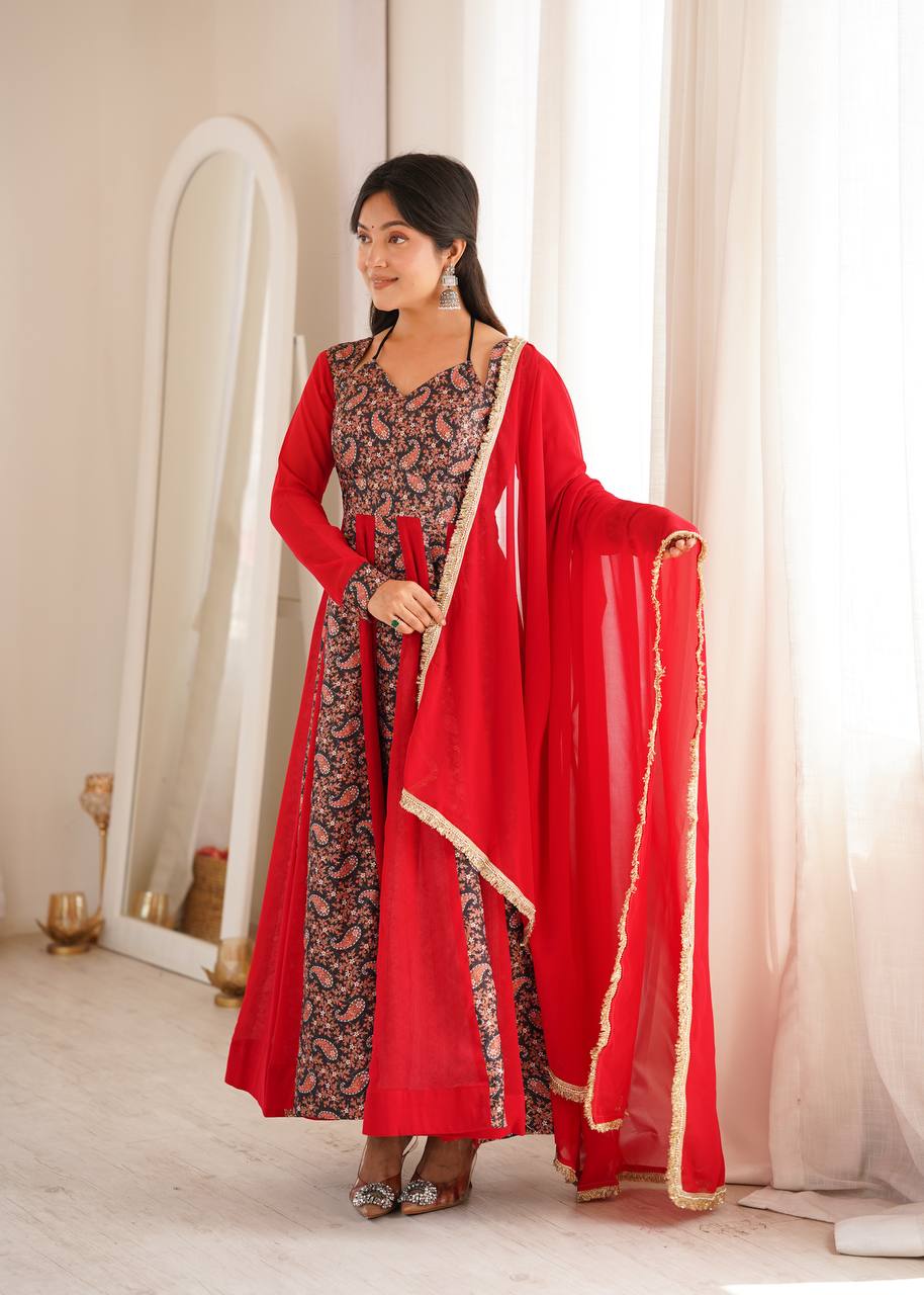 Blooming Georgette Kali Gown with Embroidered Mall-Berry