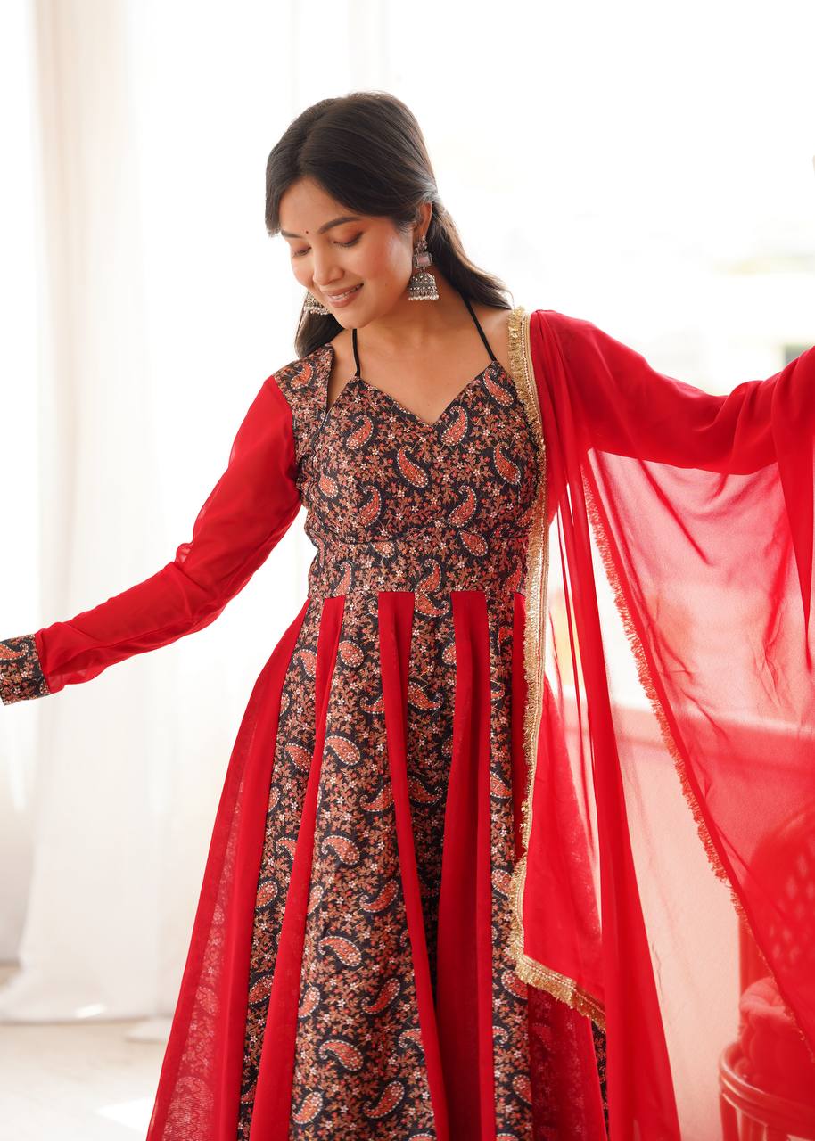 Blooming Georgette Kali Gown with Embroidered Mall-Berry