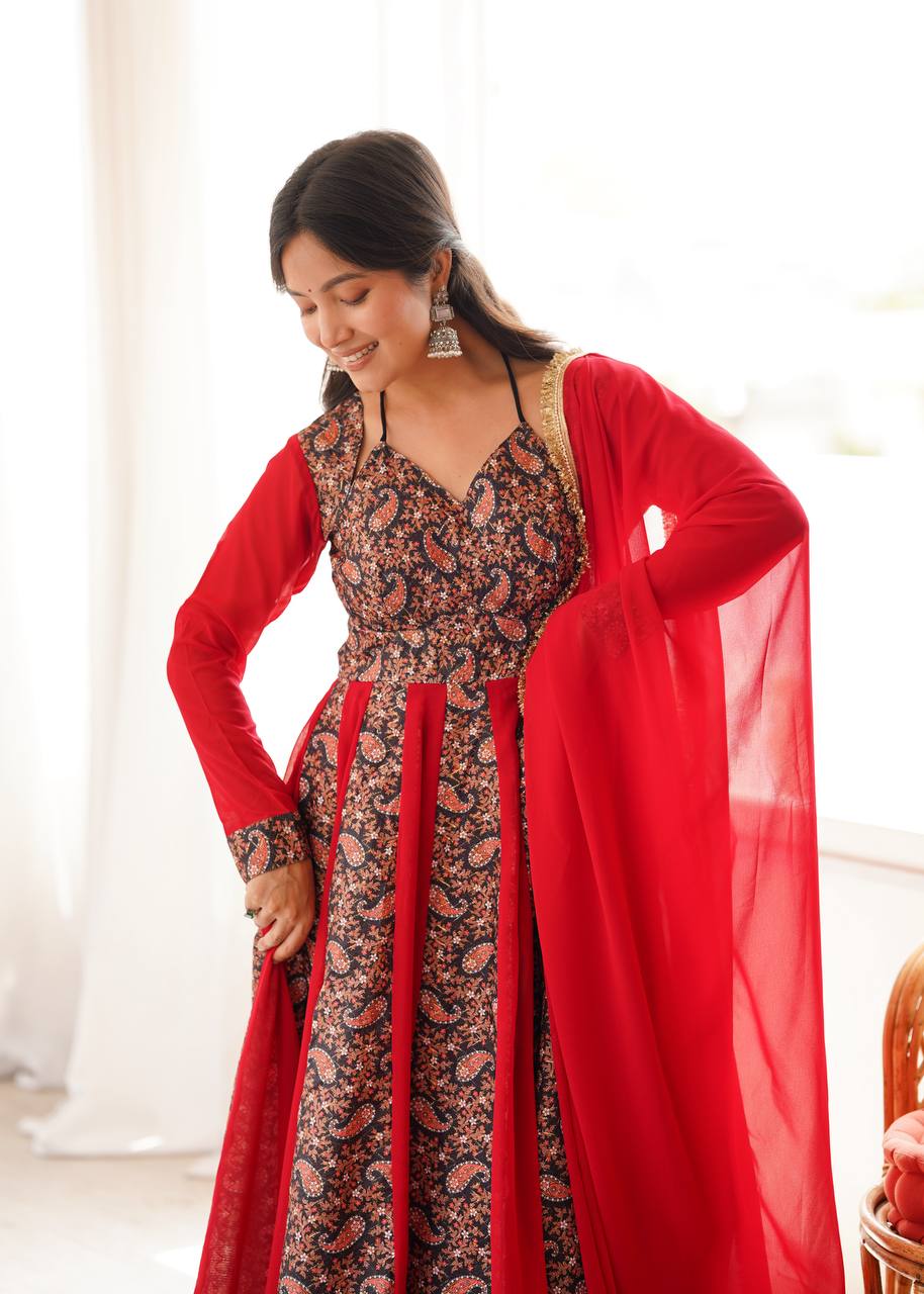 Blooming Georgette Kali Gown with Embroidered Mall-Berry
