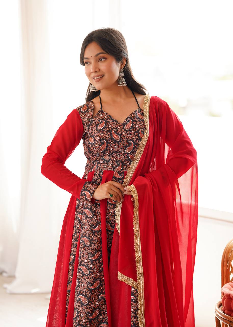 Blooming Georgette Kali Gown with Embroidered Mall-Berry