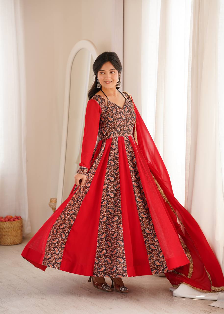 Blooming Georgette Kali Gown with Embroidered Mall-Berry