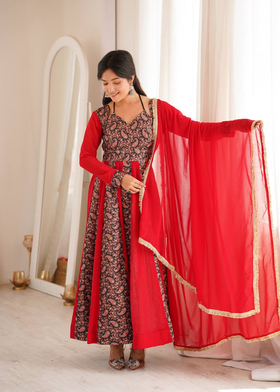 Blooming Georgette Kali Gown with Embroidered Mall-Berry