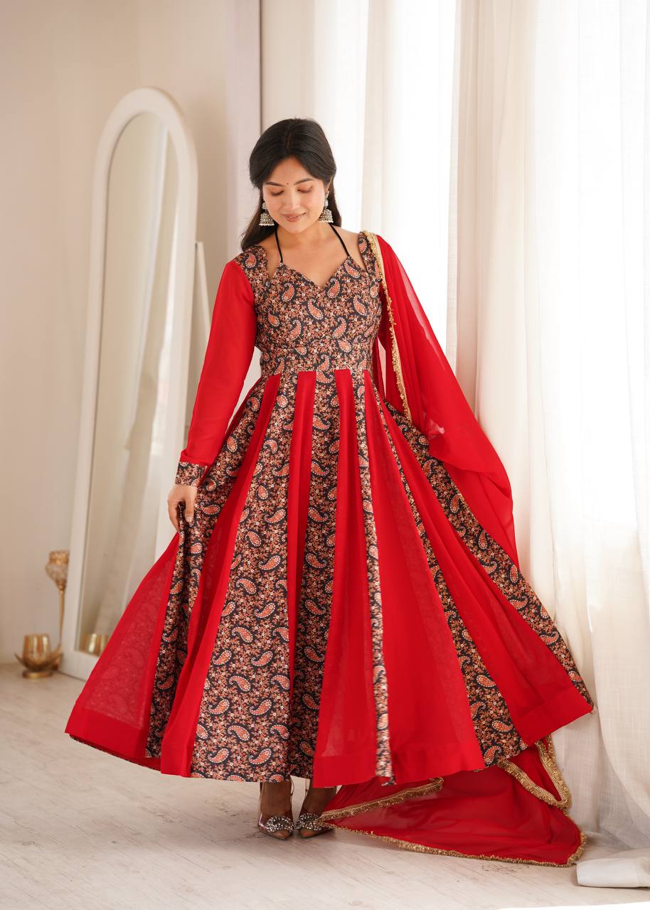 Blooming Georgette Kali Gown with Embroidered Mall-Berry