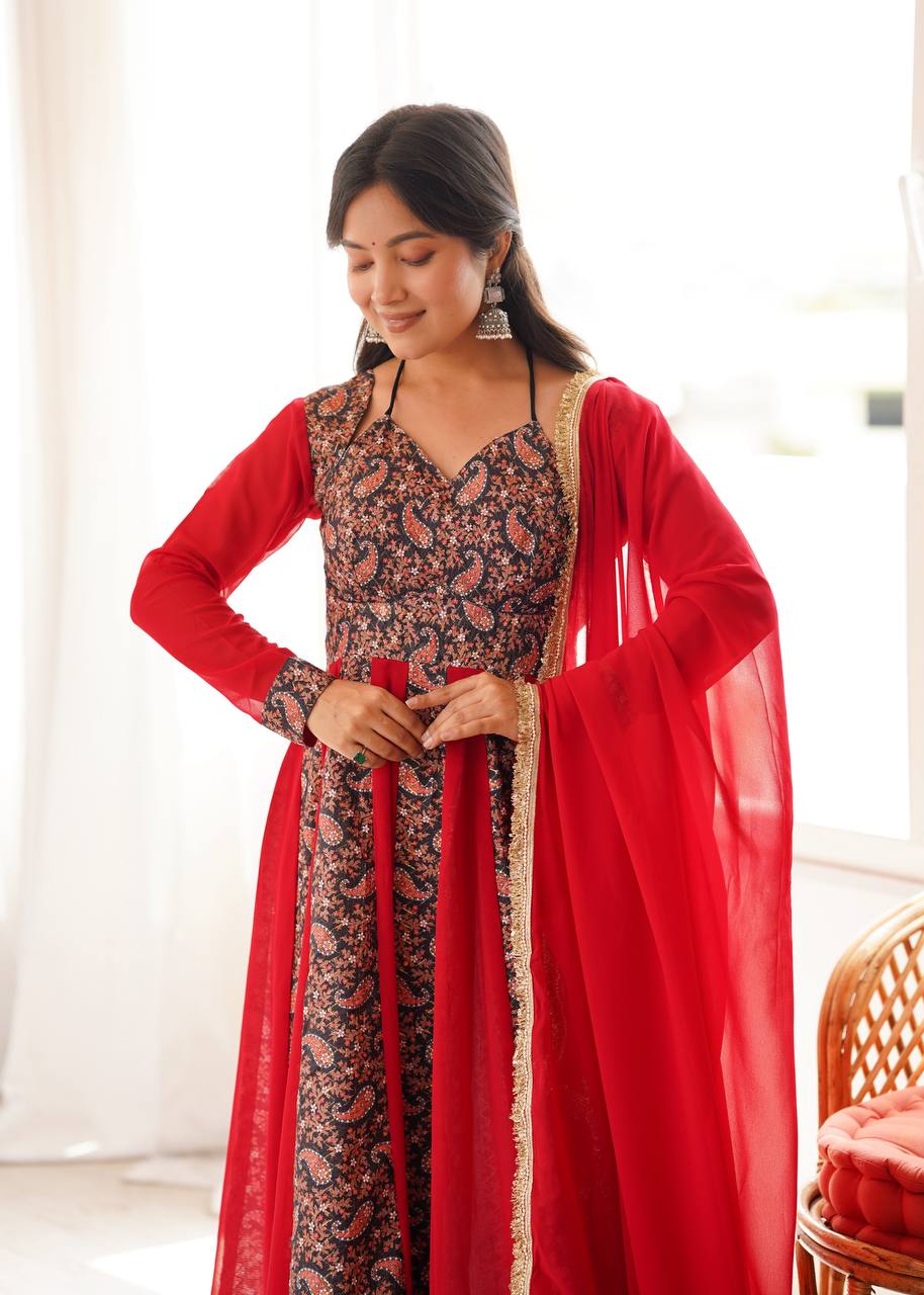 Blooming Georgette Kali Gown with Embroidered Mall-Berry