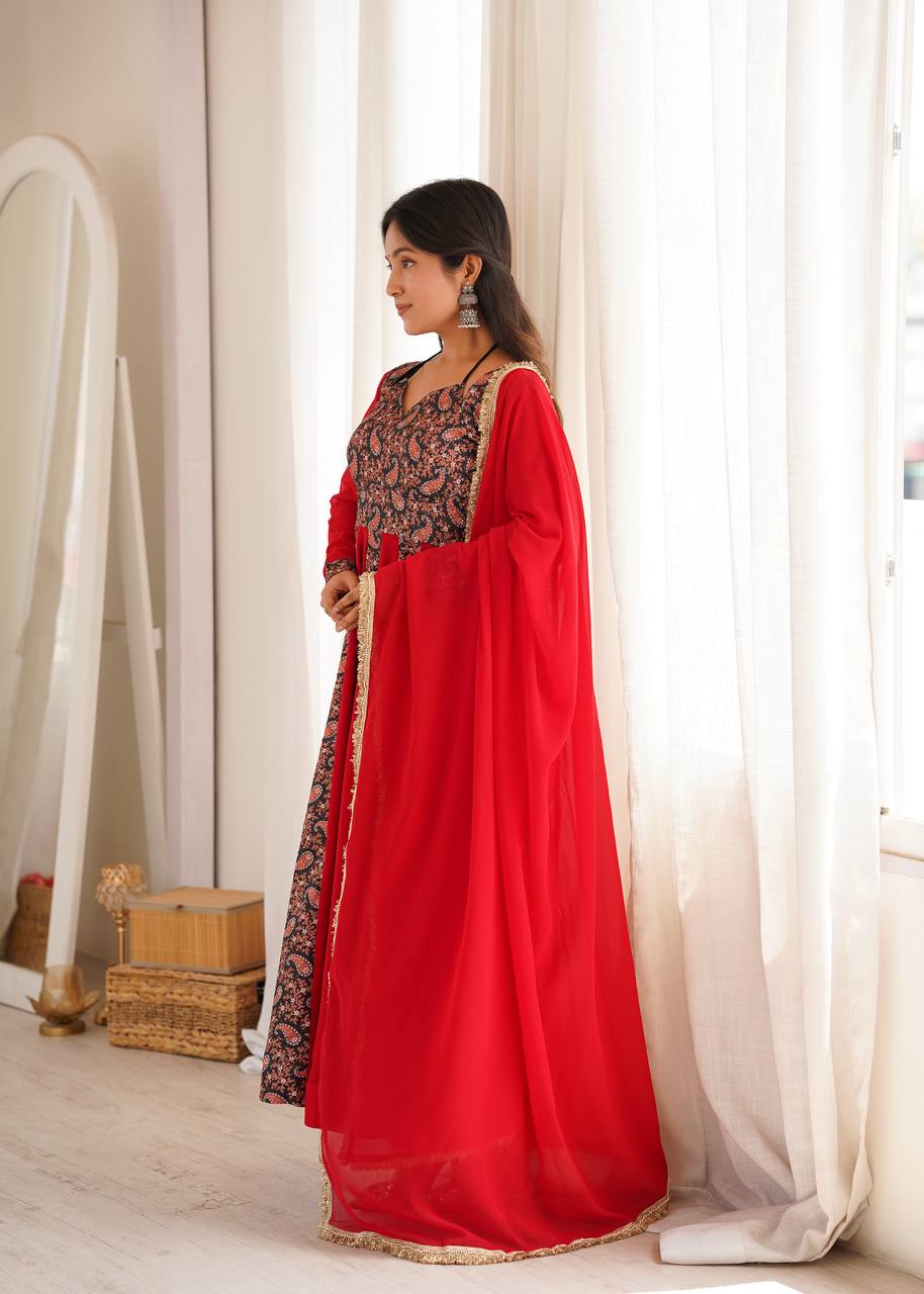 Blooming Georgette Kali Gown with Embroidered Mall-Berry