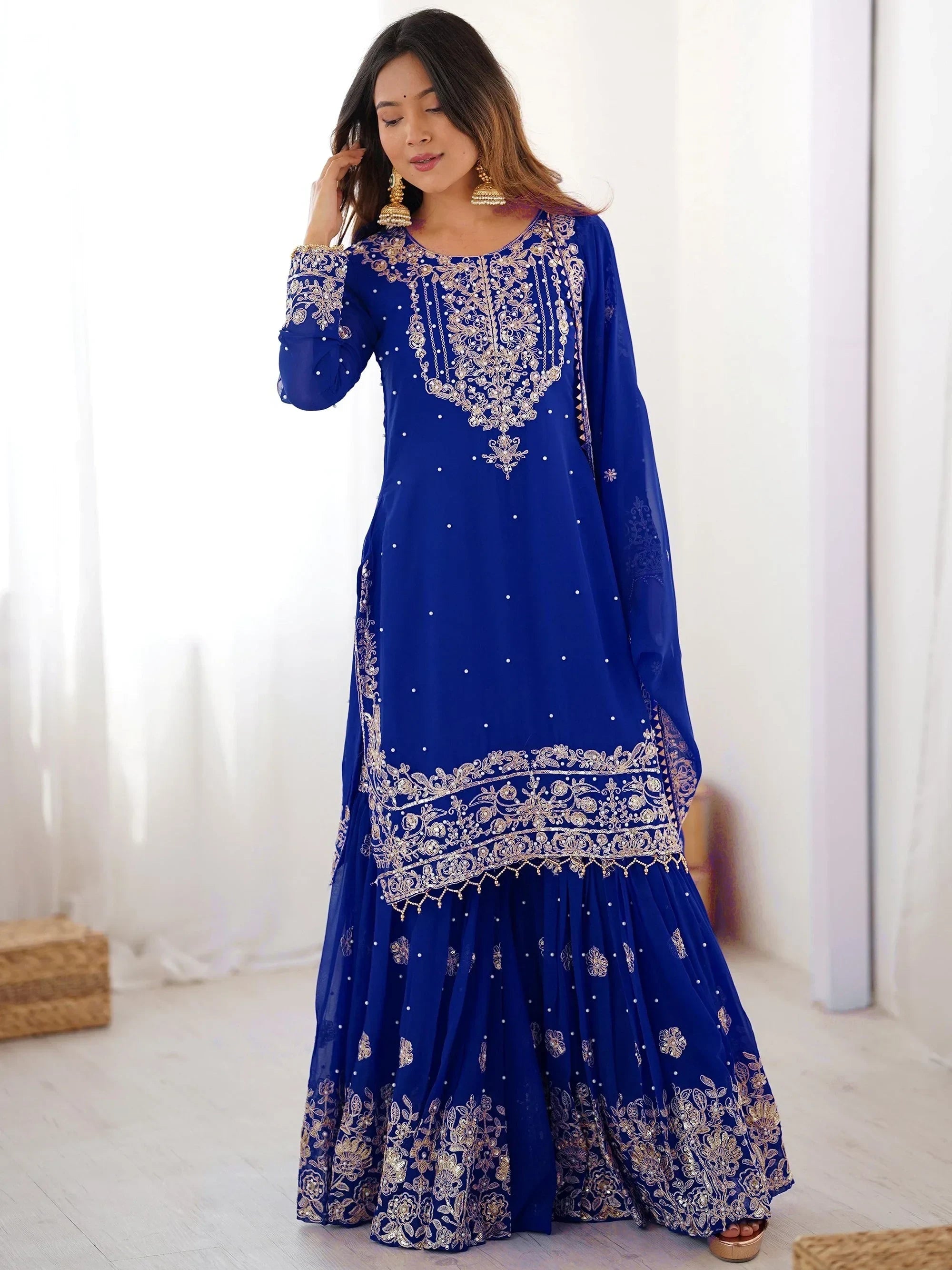 Blue Attractive Embroidered Georgette Festival Wear Sharara Suit