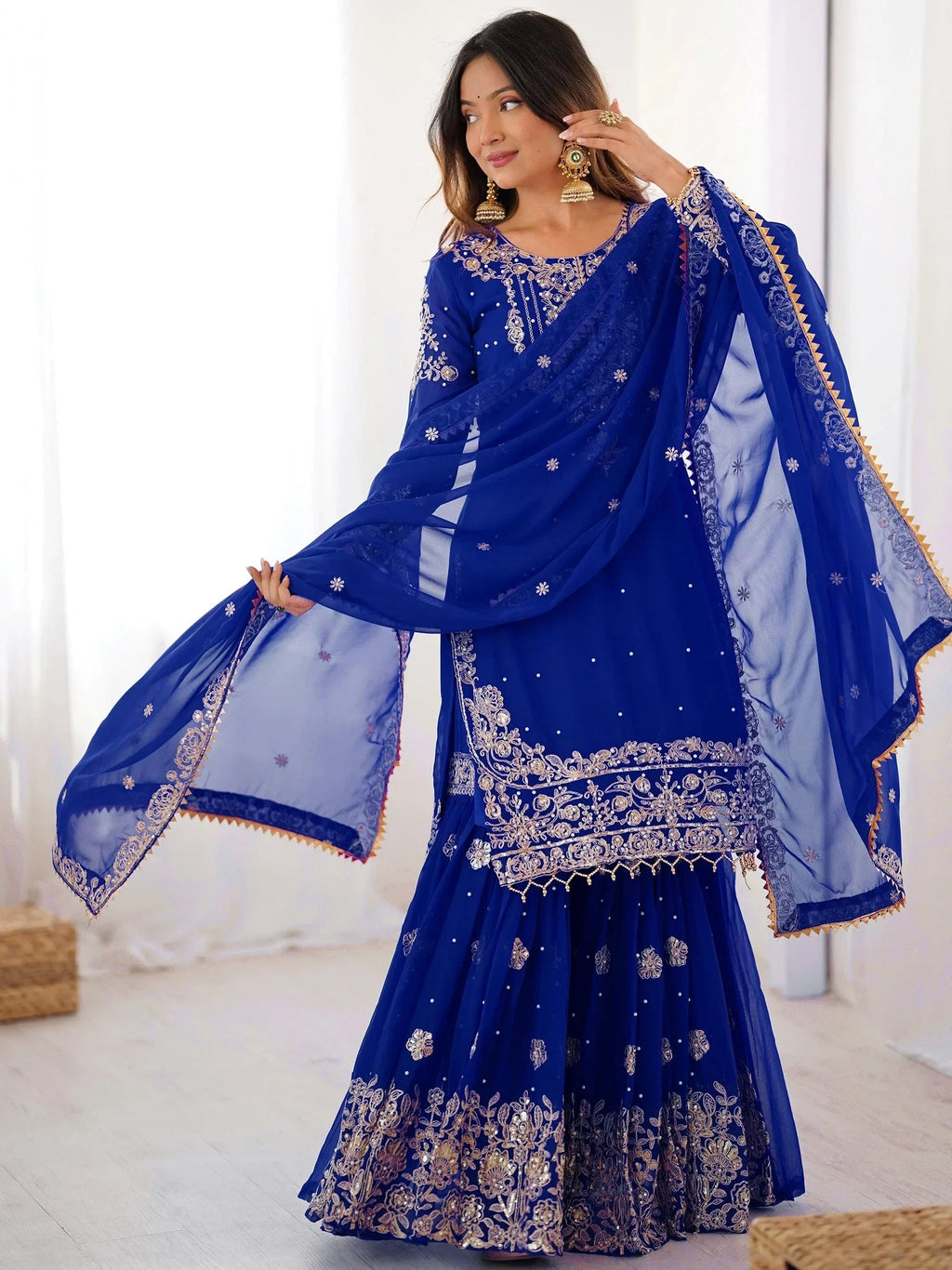 Blue Attractive Embroidered Georgette Festival Wear Sharara Suit