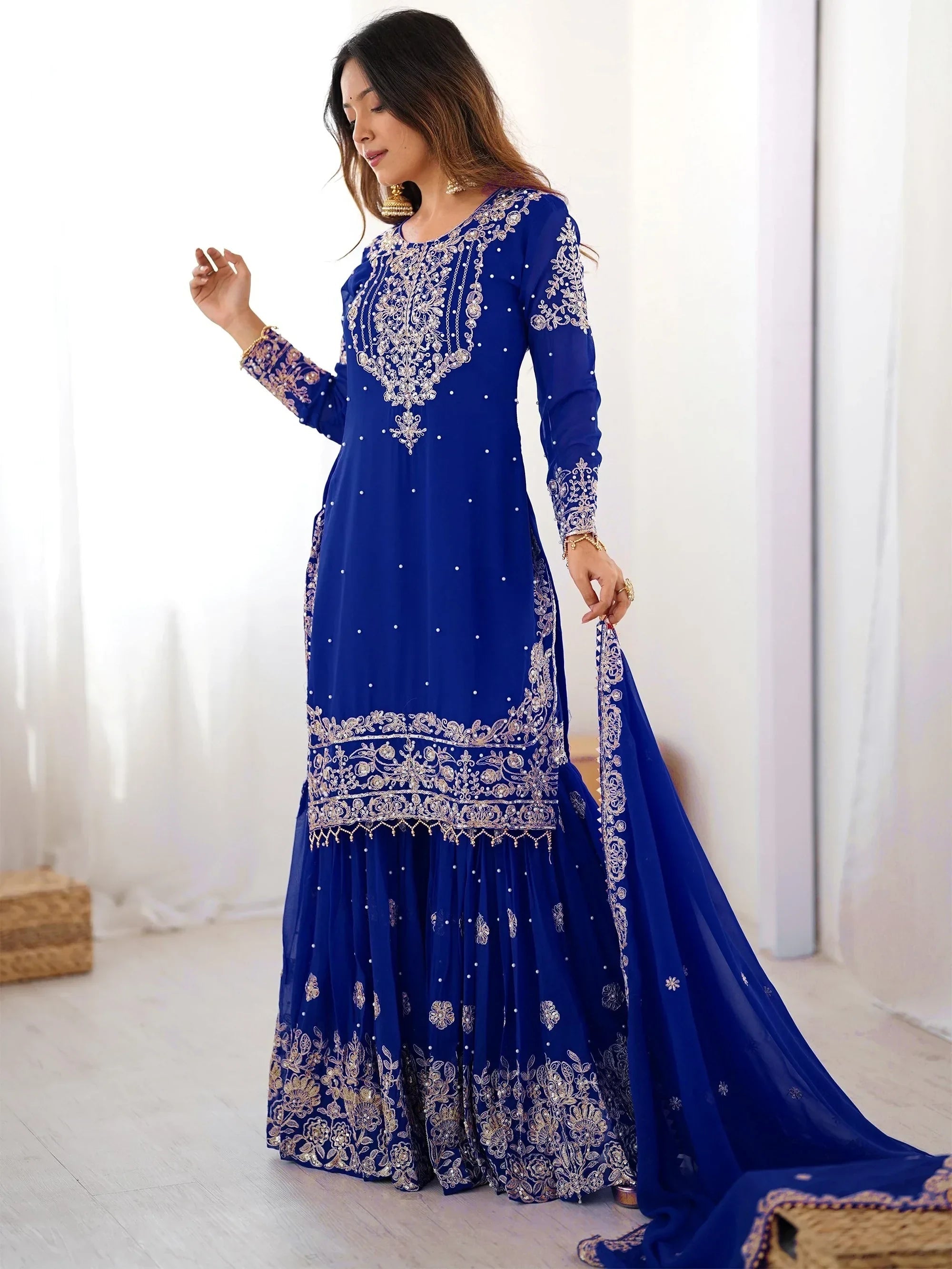 Blue Attractive Embroidered Georgette Festival Wear Sharara Suit
