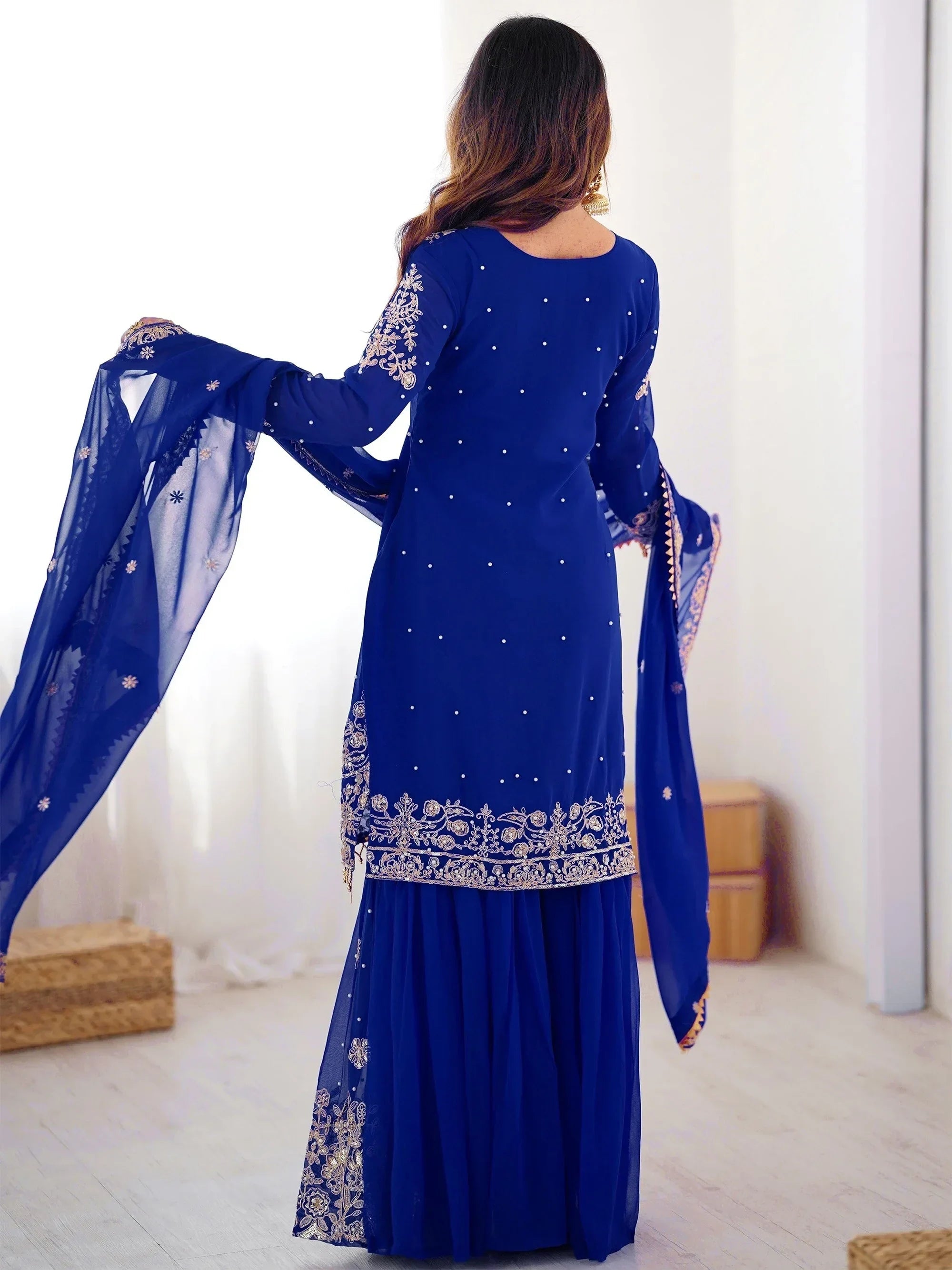 Blue Attractive Embroidered Georgette Festival Wear Sharara Suit