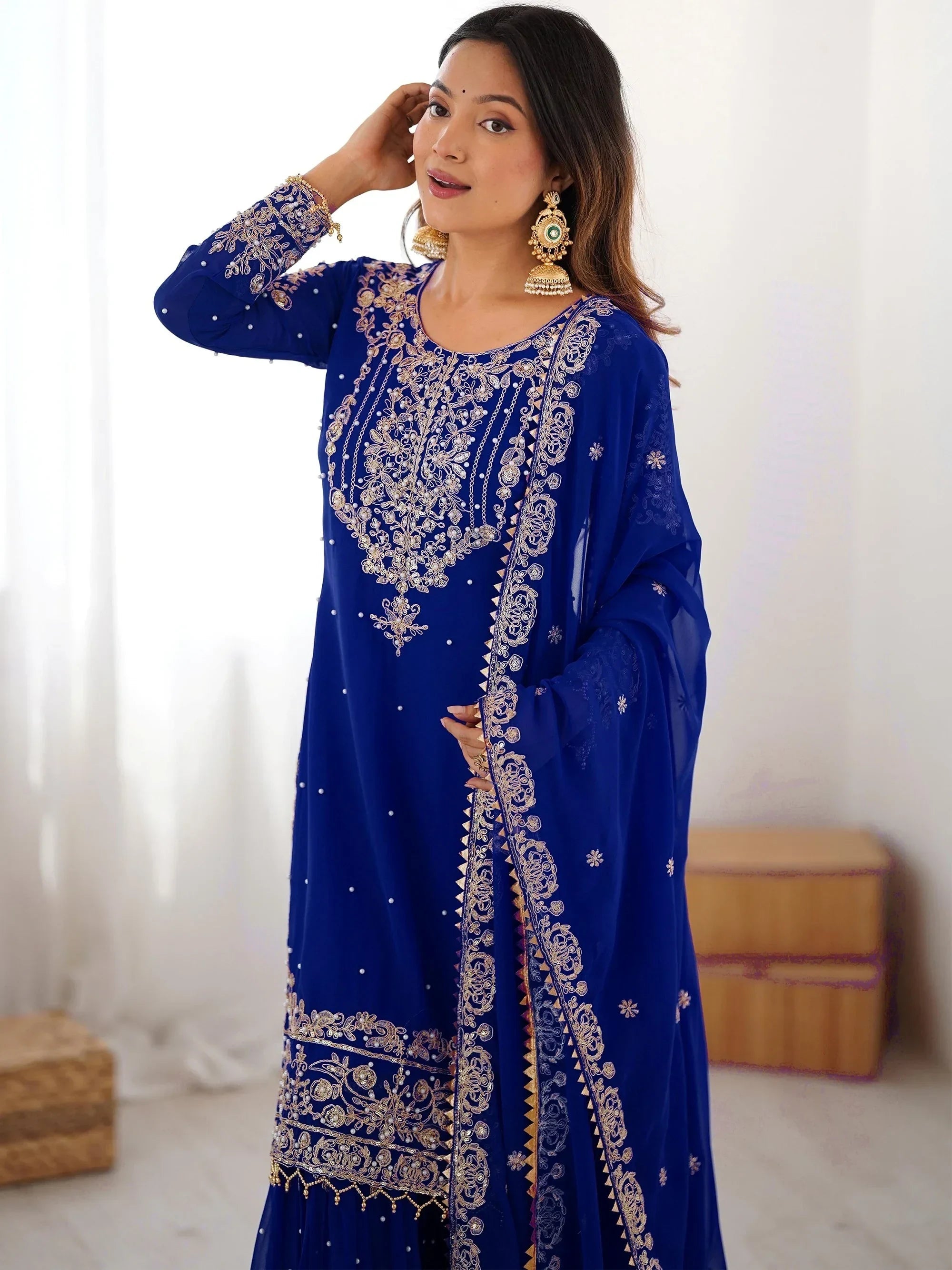 Blue Attractive Embroidered Georgette Festival Wear Sharara Suit