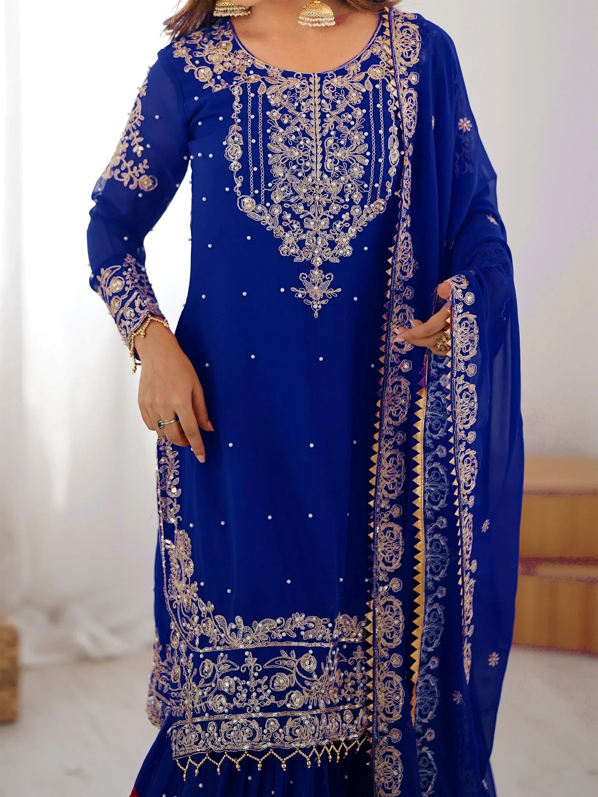 Blue Attractive Embroidered Georgette Festival Wear Sharara Suit