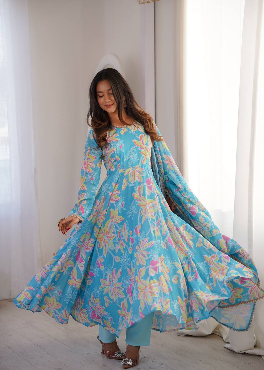 Blue Floral Printed Maslin Gown with Pant and Dupatta