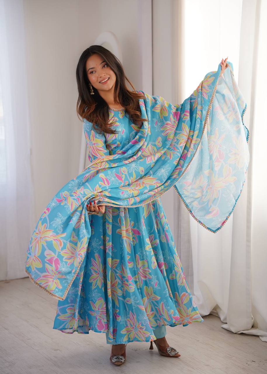 Blue Floral Printed Maslin Gown with Pant and Dupatta