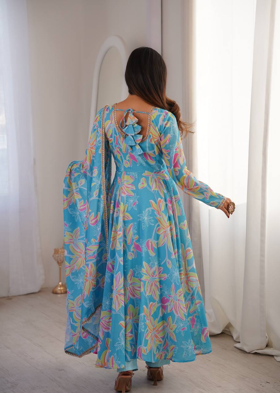Blue Floral Printed Maslin Gown with Pant and Dupatta