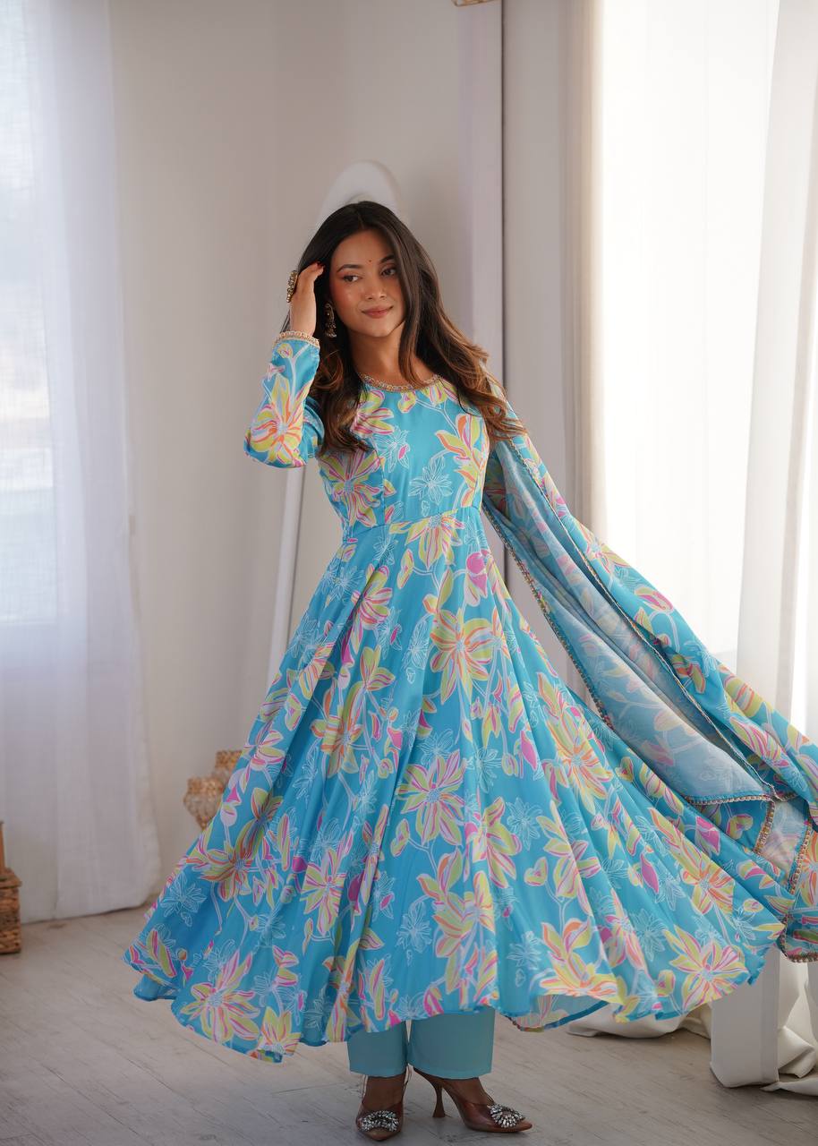Blue Floral Printed Maslin Gown with Pant and Dupatta