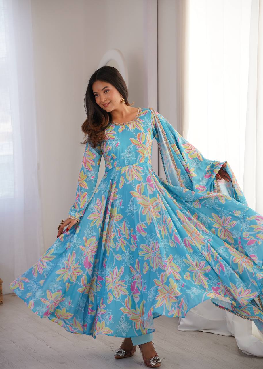 Blue Floral Printed Maslin Gown with Pant and Dupatta