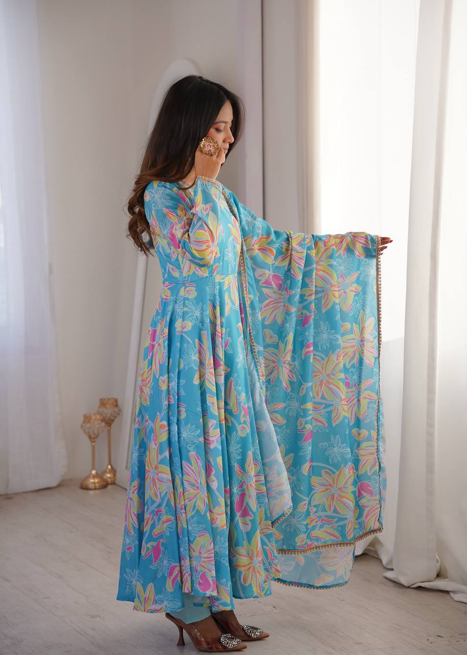Blue Floral Printed Maslin Gown with Pant and Dupatta