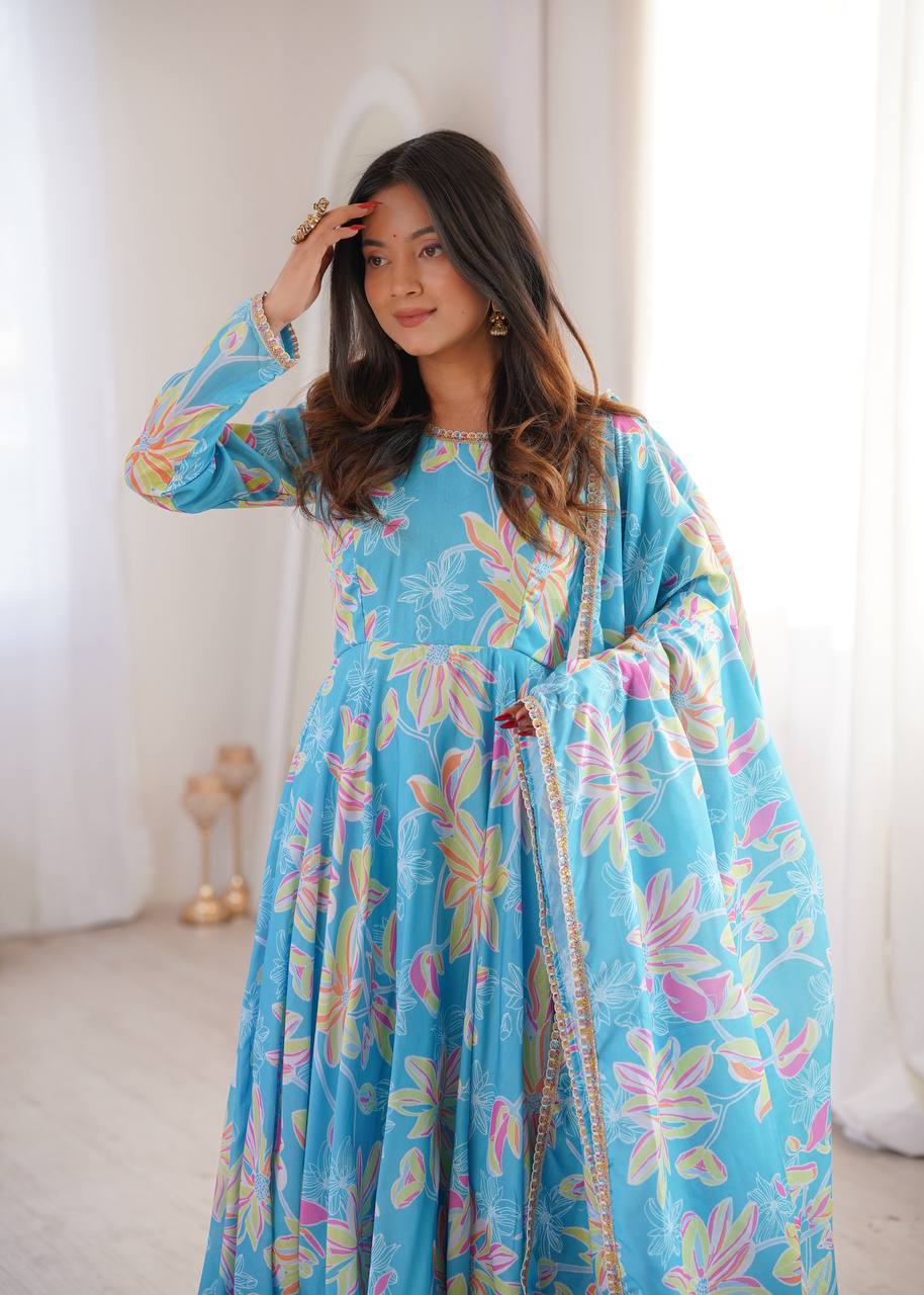 Blue Floral Printed Maslin Gown with Pant and Dupatta