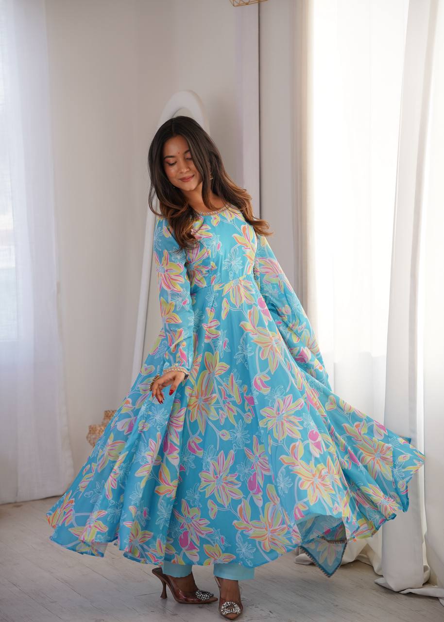 Blue Floral Printed Maslin Gown with Pant and Dupatta