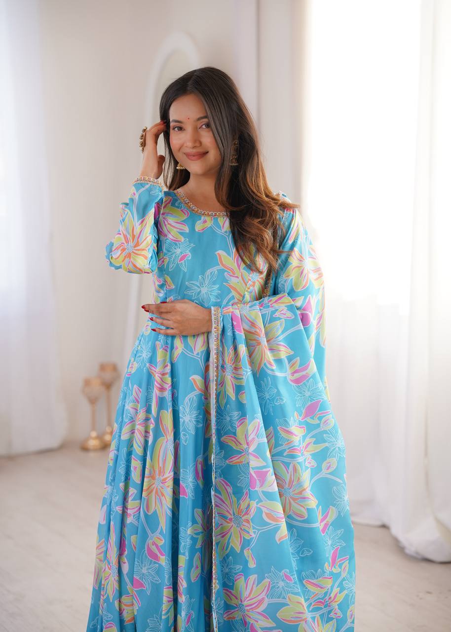 Blue Floral Printed Maslin Gown with Pant and Dupatta