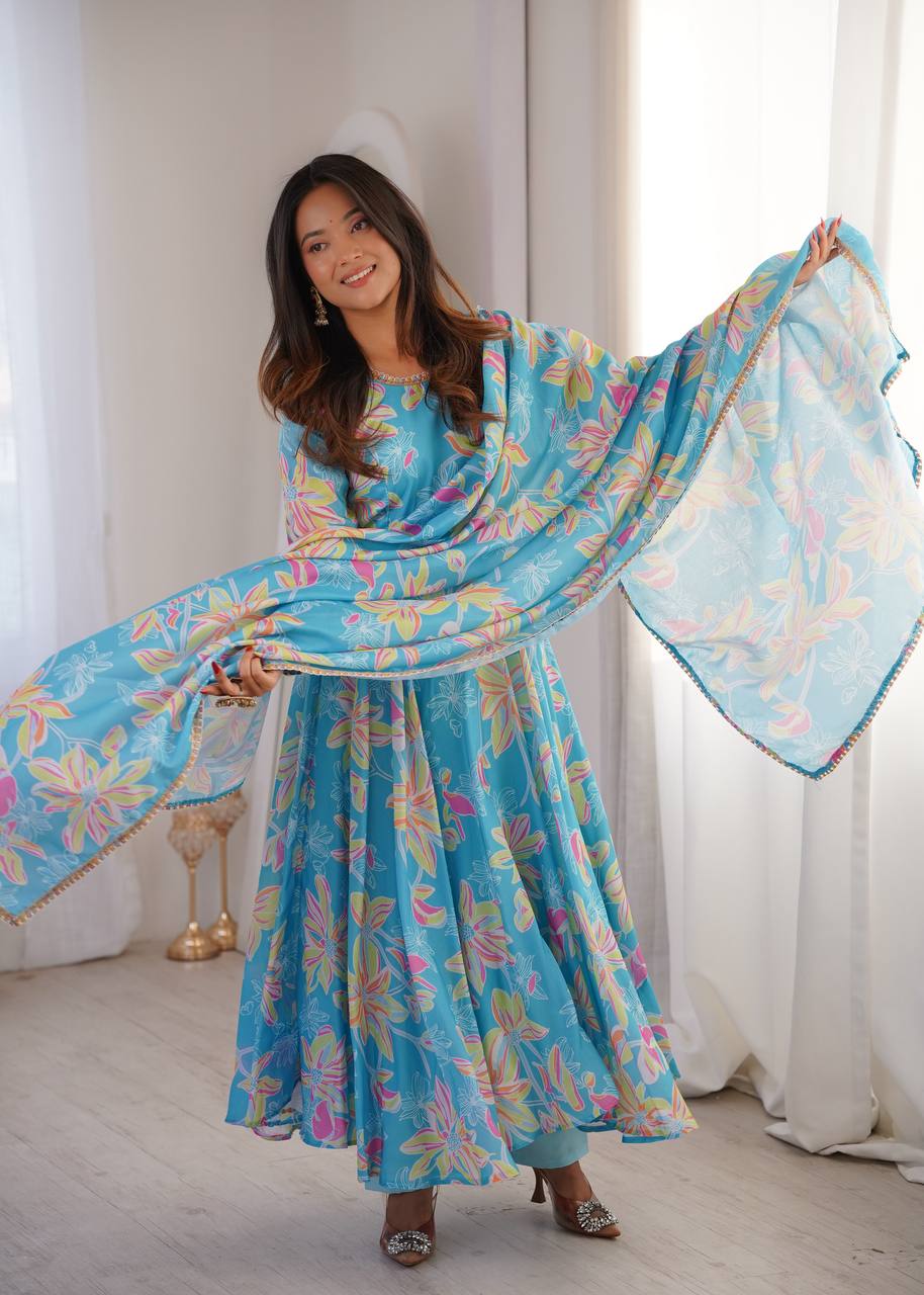 Blue Floral Printed Maslin Gown with Pant and Dupatta