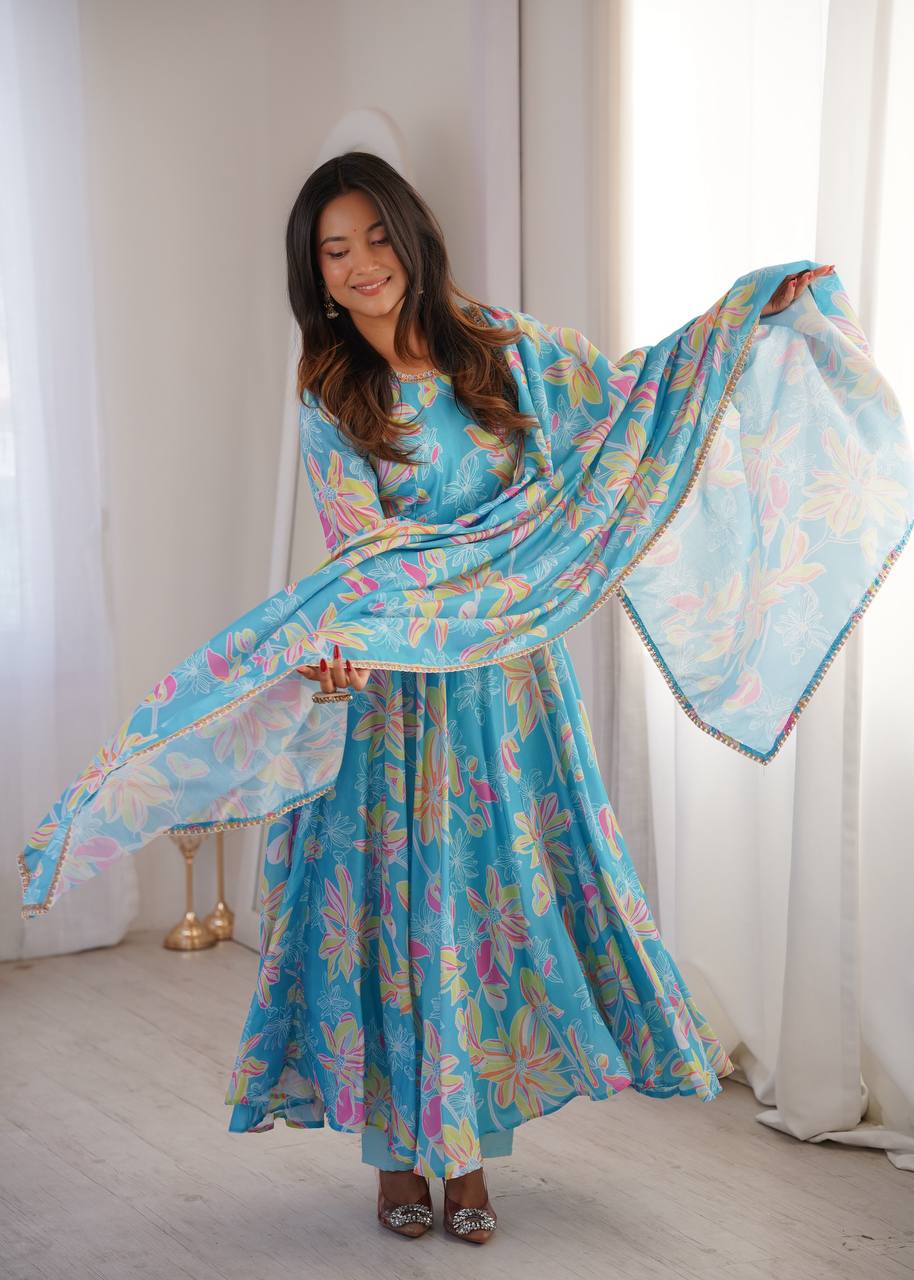 Blue Floral Printed Maslin Gown with Pant and Dupatta