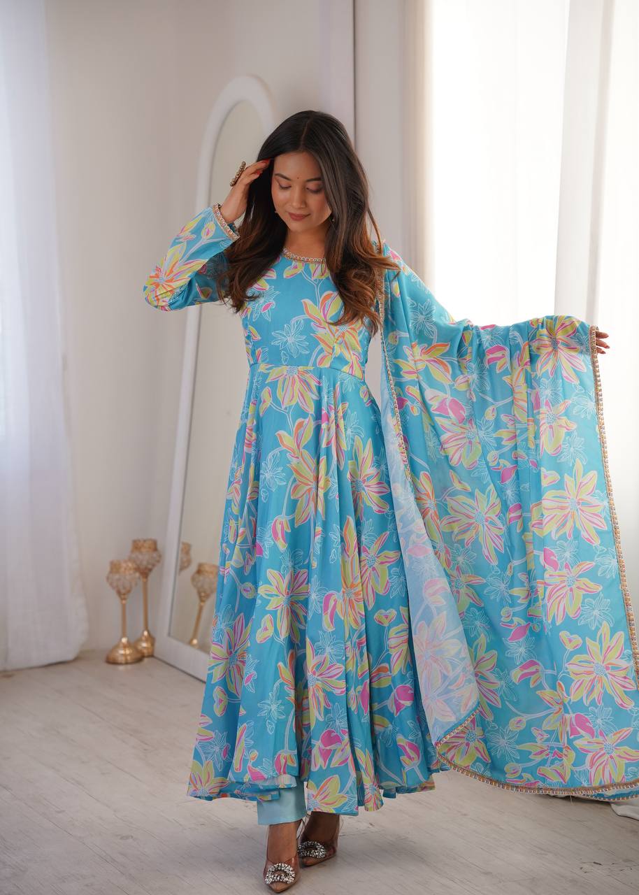 Blue Floral Printed Maslin Gown with Pant and Dupatta
