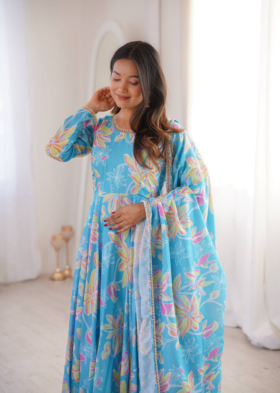 Blue Floral Printed Maslin Gown with Pant and Dupatta