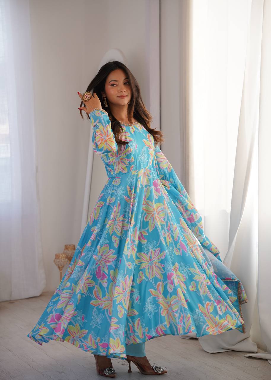 Blue Floral Printed Maslin Gown with Pant and Dupatta