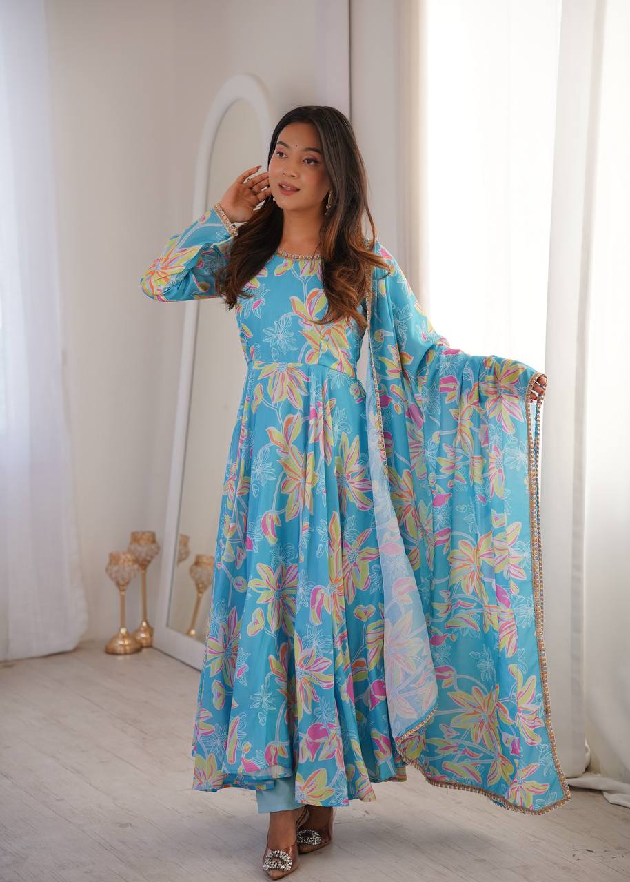 Blue Floral Printed Maslin Gown with Pant and Dupatta