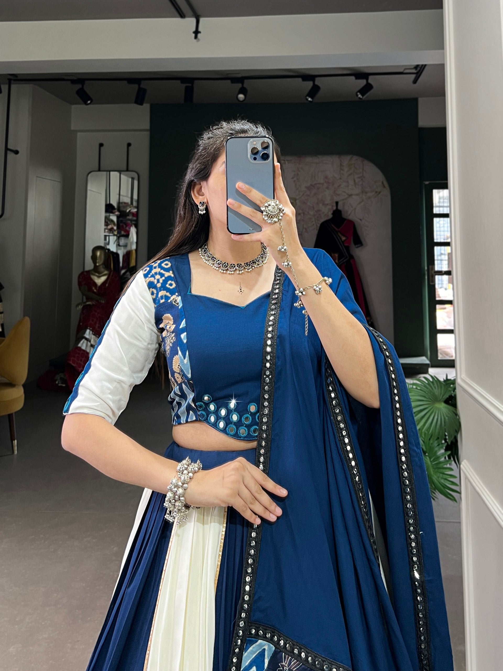 Blue Rayon Navratri Lehenga Choli with Mirror Work