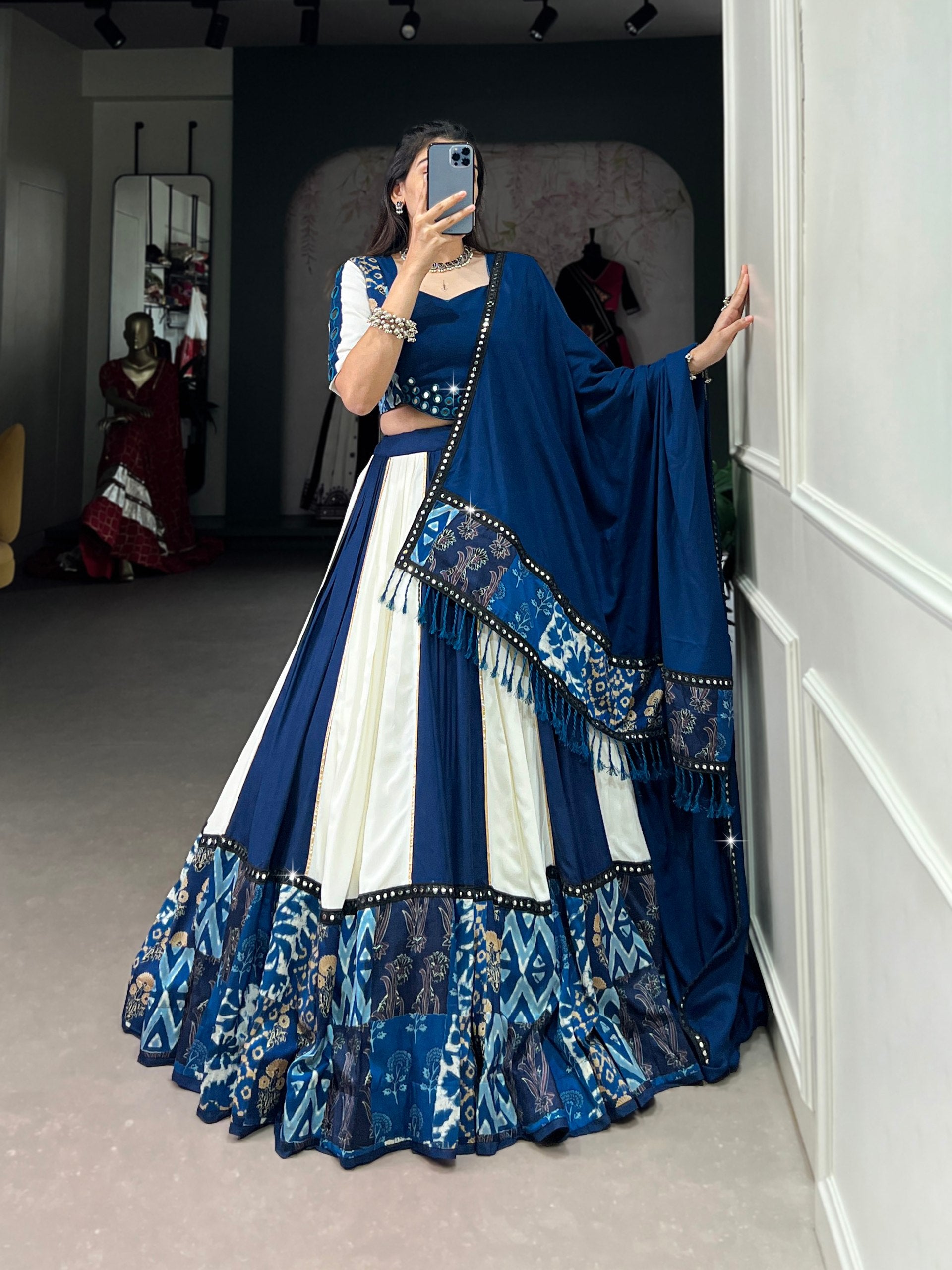 Blue Rayon Navratri Lehenga Choli with Mirror Work