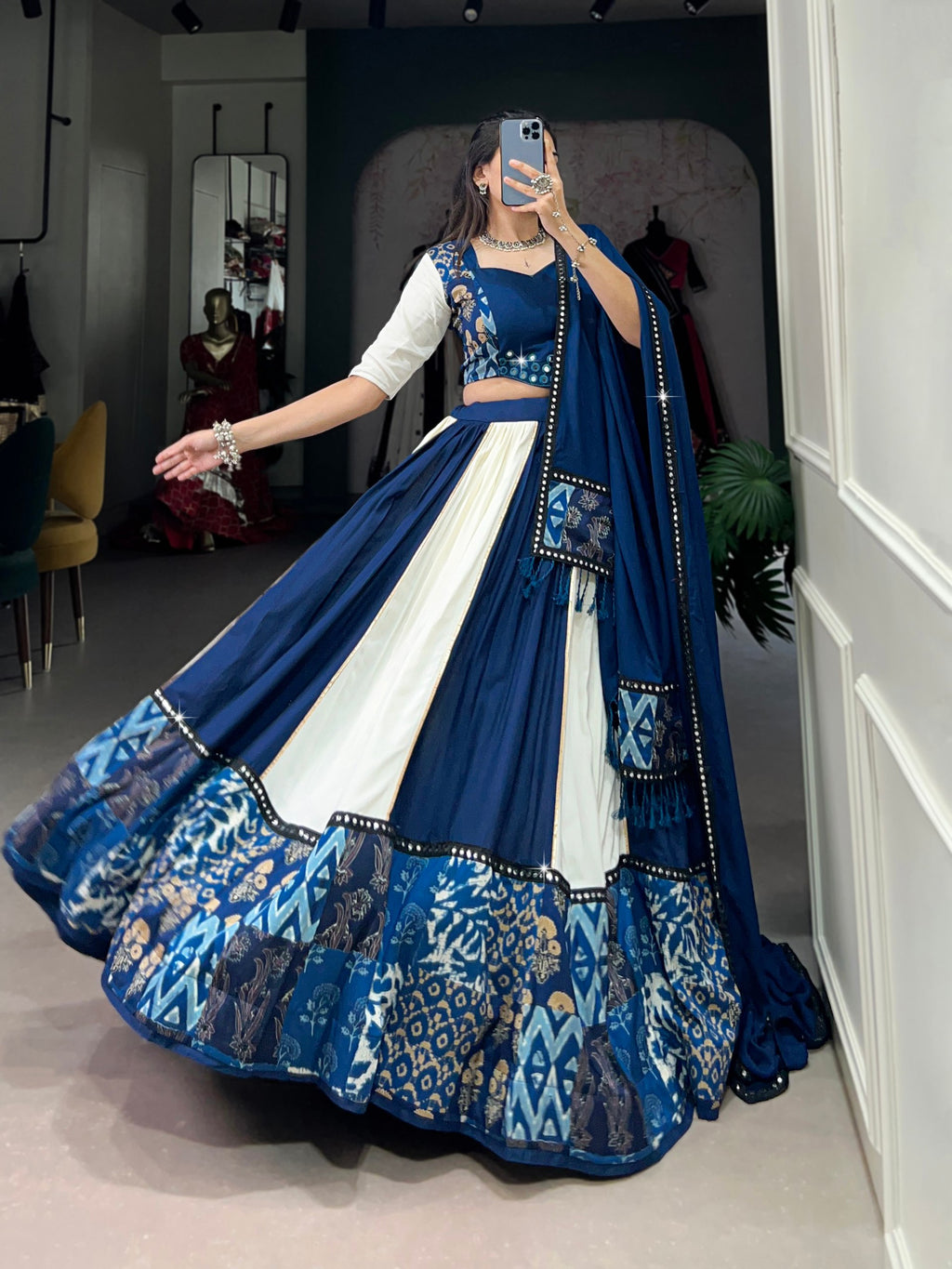 Blue Rayon Navratri Lehenga Choli with Mirror Work