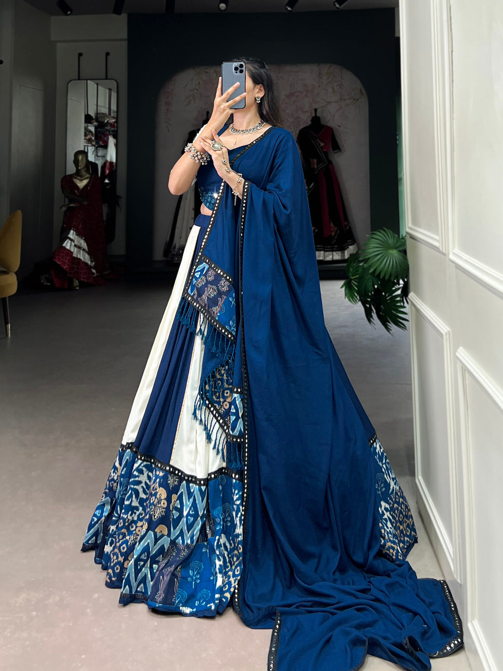 Blue Rayon Navratri Lehenga Choli with Mirror Work