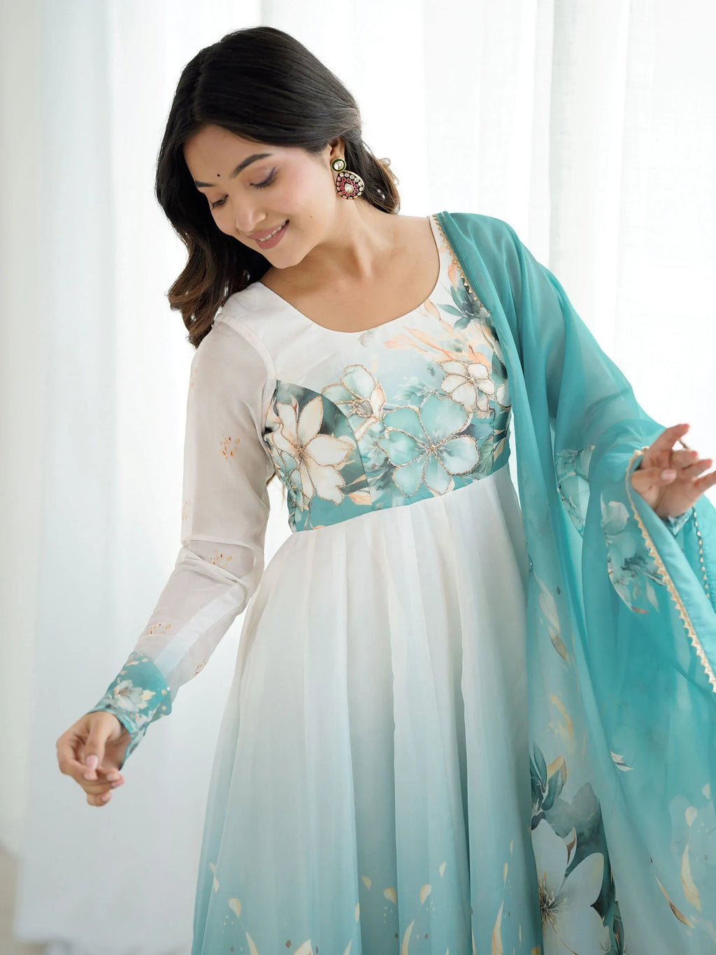 Blue Alluring Organza Floral Printed Festival Wear Anarkali Suit